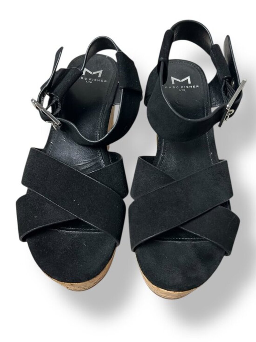 Marc Fisher LTD Cacie Black Suede Cork Platform Sandal Sz 6